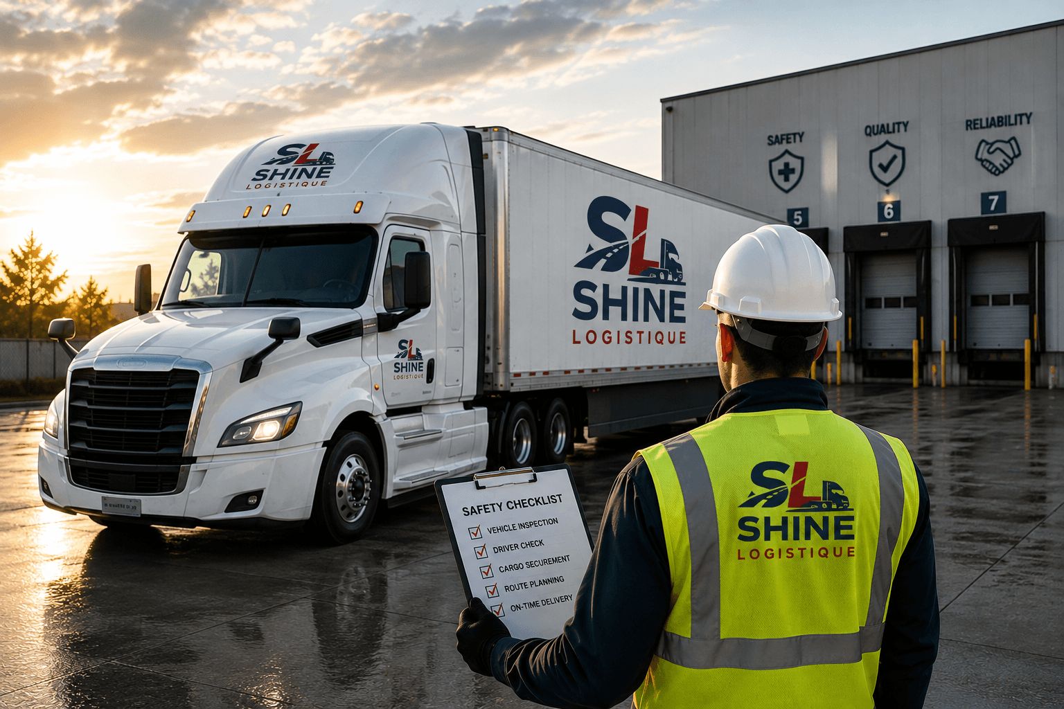 A Shine Logistique driver reviewing a safety checklist beside the truck